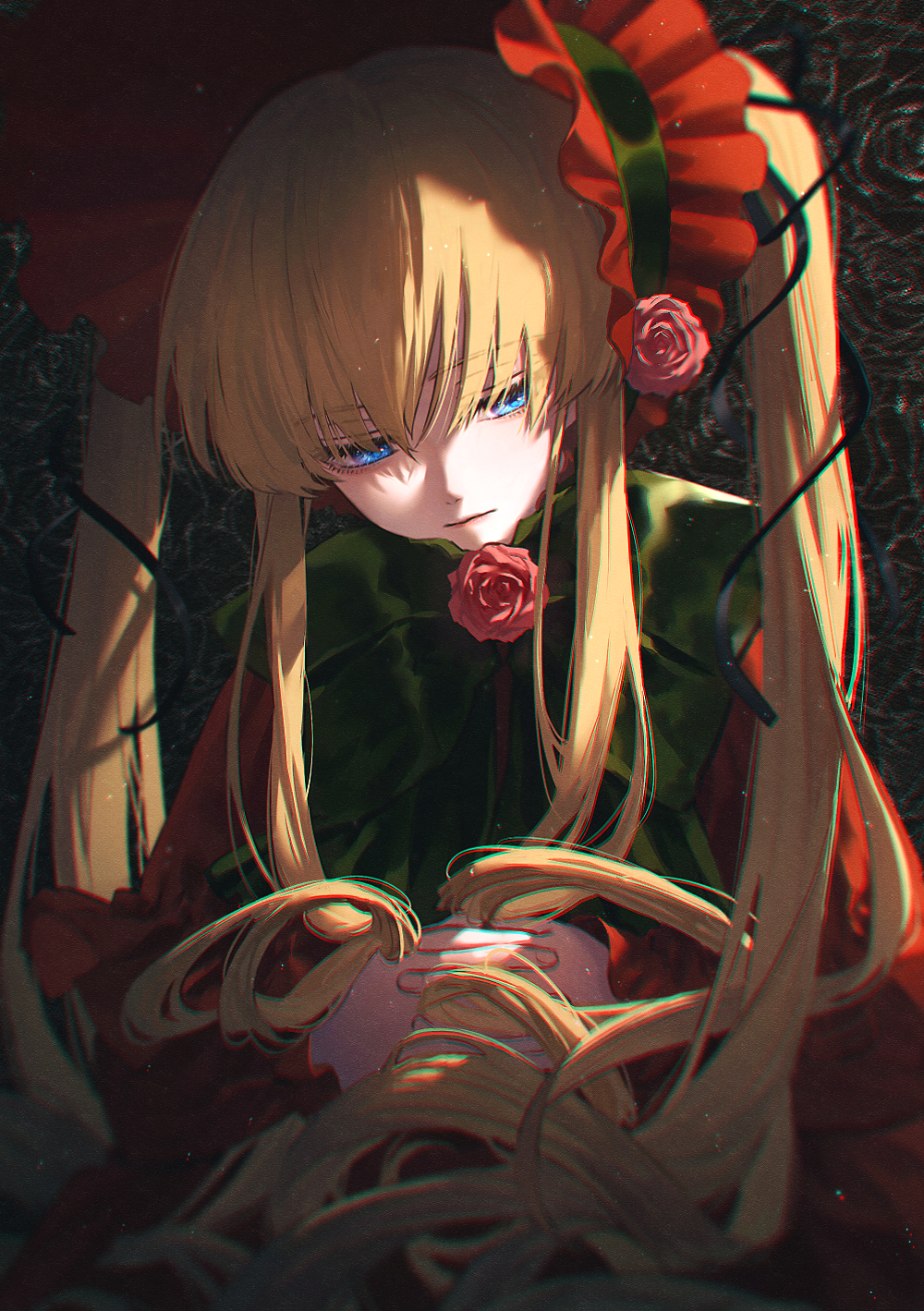 1girl, bangs, blonde_hair, blue_eyes, bonnet, bow, bowtie, brown_background