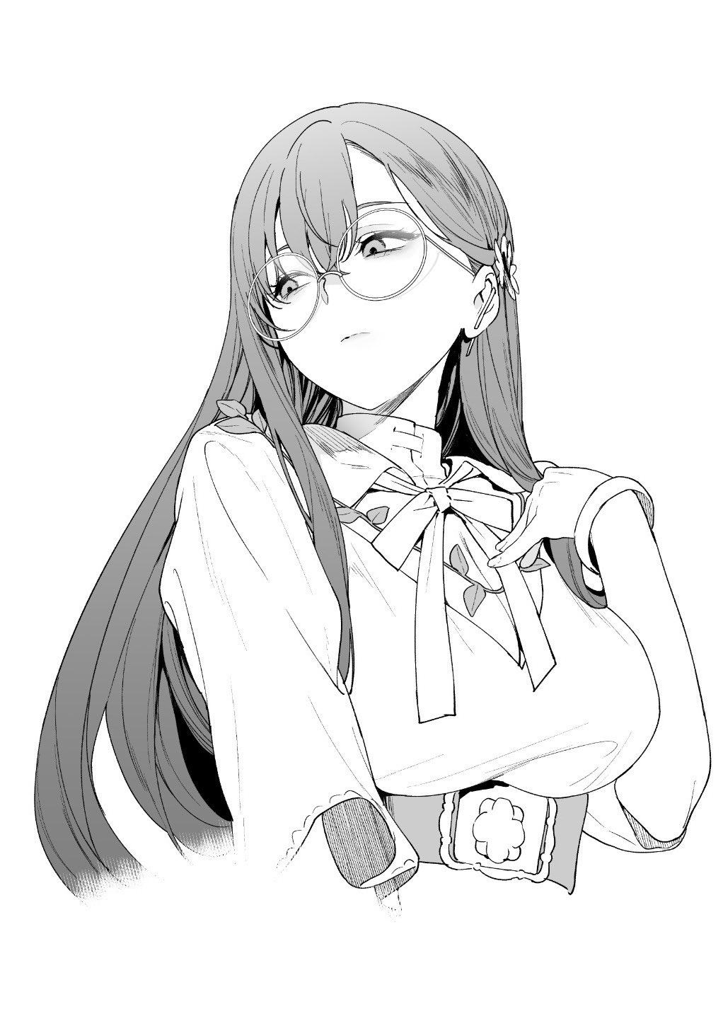 1girl, amanekuu, bangs, belt, bracelet, breasts, caligula_(game), caligula_2, cropped_torso, dress, ear_piercing, expressionless, flower, glasses, greyscale, hair_behind_ear, hair_between_eyes, hair_flower, hair_ornament, highres, jewelry, large_breasts, long_hair, monochrome, neck_ribbon, pandora_(caligula_2), piercing, ribbon, round_eyewear, simple_background, solo, upper_body, white_background