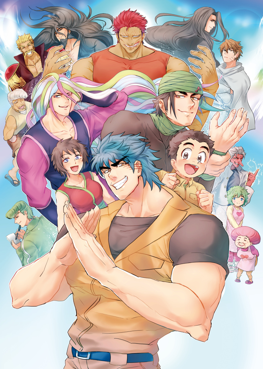 3girls, 6+boys, a, belt, black_bodysuit, black_shirt, blonde_hair, blue_eyes, blue_hair, bodysuit, brown_hair, brunch_(toriko), cloak, coco_(toriko), commentary_request, full_body, gakuran, green_hair, grin, highres, ichiryu_(toriko), jiro_(toriko), komatsu_(toriko), long_hair, long_nose, midora_(toriko), multicolored_hair, multiple_boys, multiple_girls, nono_(toriko), orange_tank_top, otake_(toriko), pink_hair, pompadour, redhead, rei_(lemon2525), rin_(toriko), sandals, scar, scar_on_ear, scar_on_face, scar_on_mouth, school_uniform, setsuno_(toriko), shirt, short_hair, simple_background, sleeveless_jumpsuit, smile, starjun_(toriko), sunny_(toriko), tank_top, teppei_(toriko), toriko, toriko_(series), turban, two-tone_shirt, upper_body, white_hair, writing, yellow_eyes, zebra_(toriko)