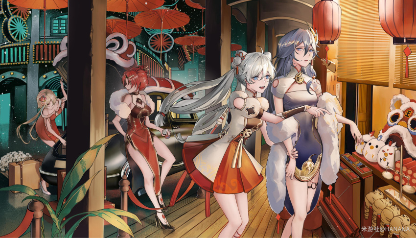 4girls, :d, absurdres, bangs, black_hair, blue_dress, blue_eyes, briefcase