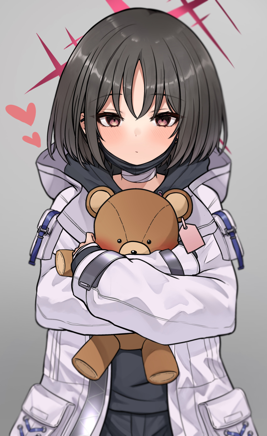 1girl, bandaged_neck, bandages, bangs, black_hair, black_mask, blue_archive, brown_eyes