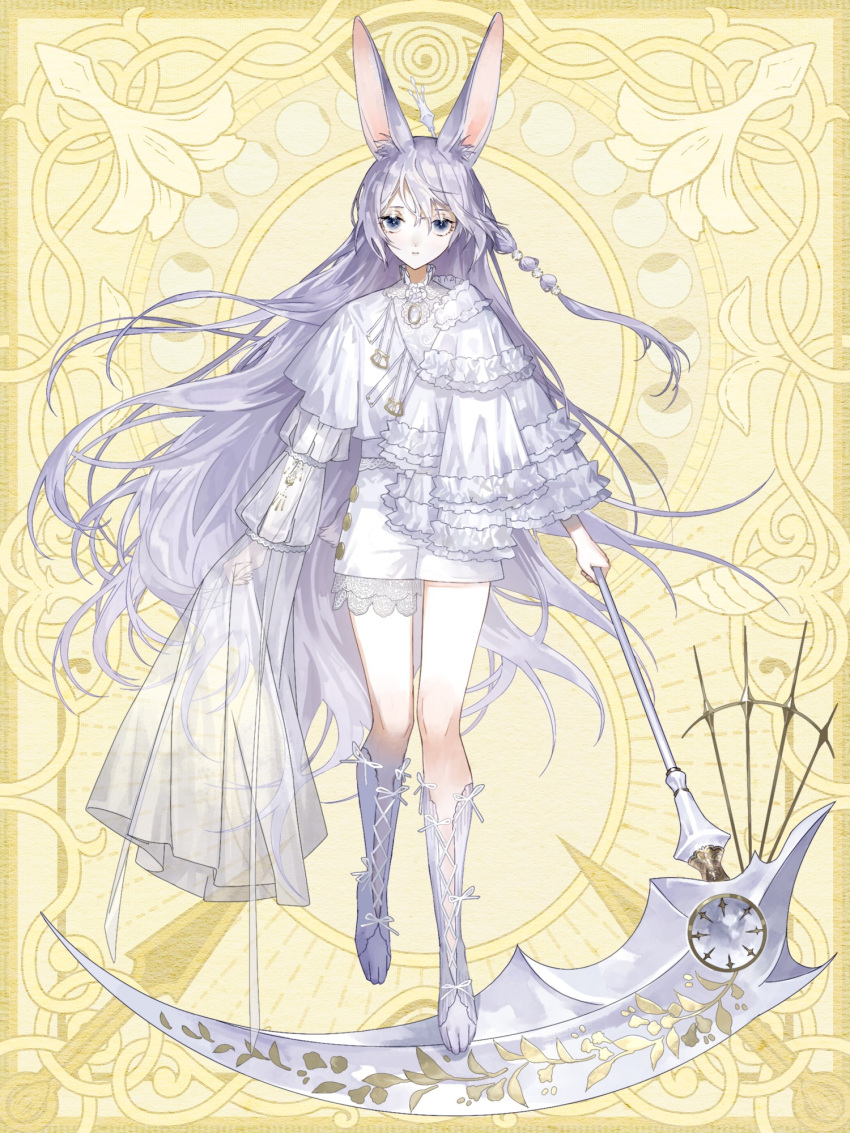 1girl, animal_ears, asymmetrical_sleeves, belt, belt_buckle, blue_eyes, buckle, capelet