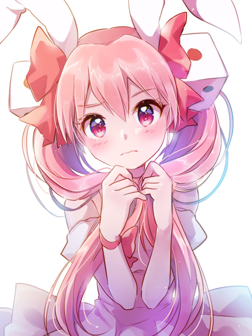 1girl, ahoge, animal_ears, blush, bow, closed_mouth, commentary_request, di_gi_charat, dice_hair_ornament, dress, hair_bow, hair_ornament, hands_up, heart, highres, long_hair, low_twintails, one-hour_drawing_challenge, pink_dress, pink_hair, rabbit_ears, red_bow, red_eyes, shiramori_sawa, solo, twintails, usada_hikaru, very_long_hair