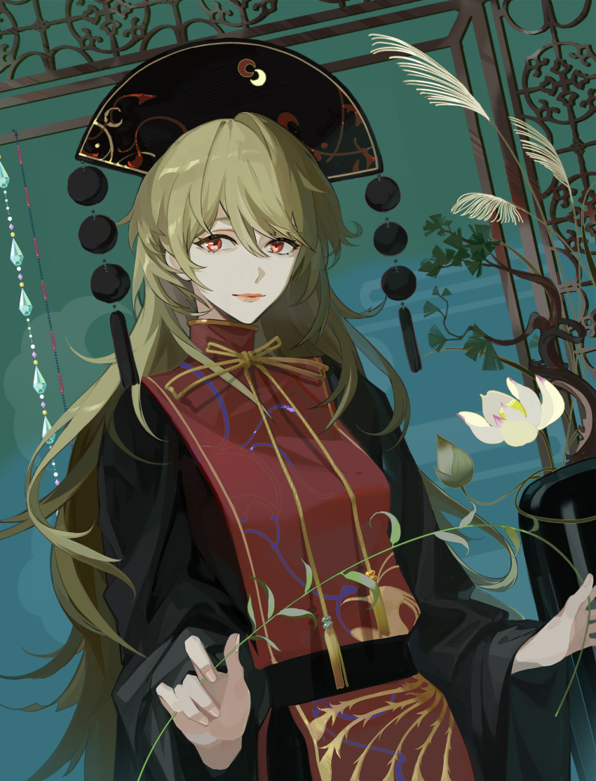 1girl, black_dress, black_headwear, blonde_hair, bonsai, chinese_clothes, closed_mouth, commentary