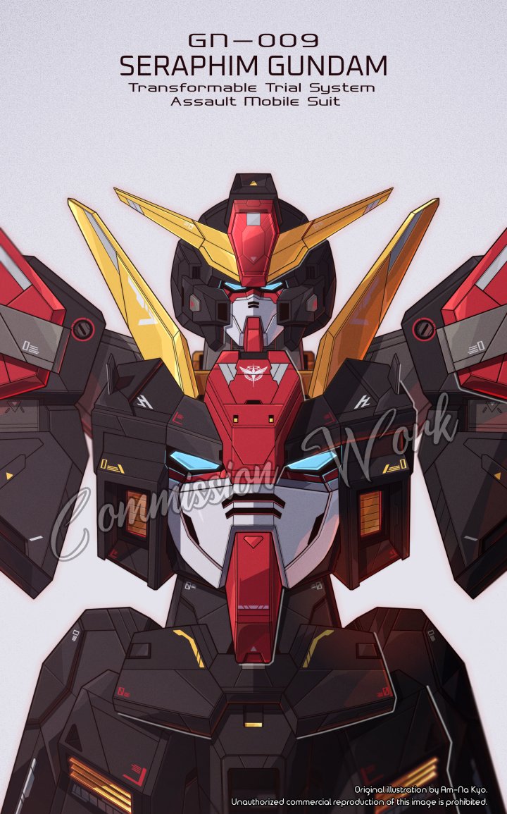 azzalea, blue_eyes, character_name, commission, english_commentary, grey_background, gundam, gundam_00