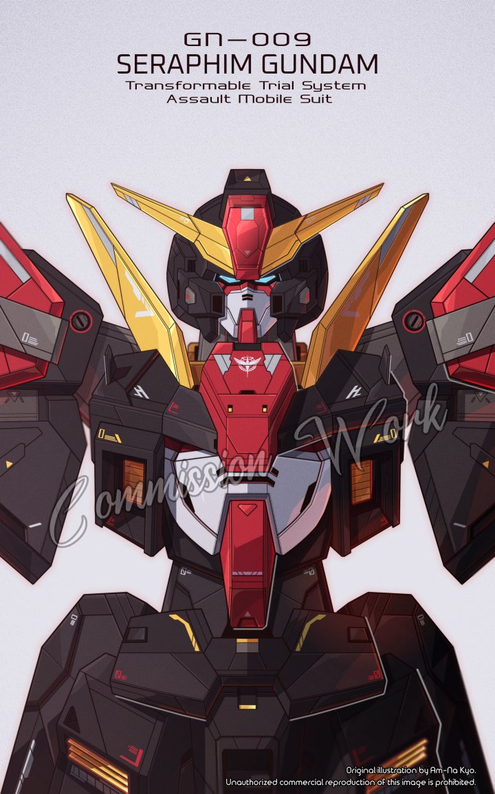 azzalea, blue_eyes, character_name, commission, english_commentary, grey_background, gundam, gundam_00
