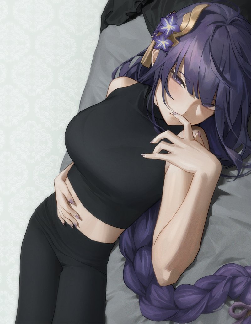 1girl, alternate_costume, banned_artist, bare_arms, bare_shoulders, bed, black_jacket, black_pants, black_shirt, blush, bow, braid, breasts, closed_mouth, commentary_request, eyes_visible_through_hair, fingernails, flower, genshin_impact, hair_between_eyes, hair_bow, hair_flower, hair_ornament, hand_on_own_stomach, hand_up, hinaki_(hinaki_0102), indoors, jacket, large_breasts, long_fingernails, long_hair, long_sleeves, looking_to_the_side, lying, nail_polish, on_back, pants, purple_bow, purple_flower, purple_hair, purple_nails, raiden_shogun, shadow, shirt, sleeveless, sleeveless_shirt, solo, t-shirt, violet_eyes, wall