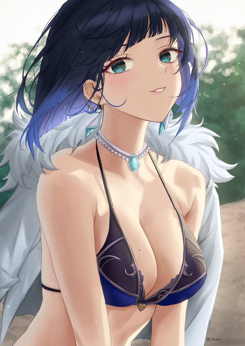 1girl, aqua_eyes, artist_name, bangs, bare_arms, bare_shoulders, beach, bikini, black_bikini, black_bra, black_hair, blue_bikini, blue_bra, blue_eyes, blue_hair, blurry, blurry_background, blush, bra, breasts, bush, closed_mouth, collarbone, commentary_request, crystal, crystal_earrings, earrings, eyebrows_visible_through_hair, genshin_impact, green_eyes, grey_jacket, heart, highres, hood, hyun9164, jacket, jewelry, large_breasts, leaf, long_sleeves, looking_at_viewer, multicolored_hair, necklace, pocket, sand, short_hair, sky, smile, solo, swimsuit, teeth, underwear, upper_body, white_sky, yelan_(genshin_impact)
