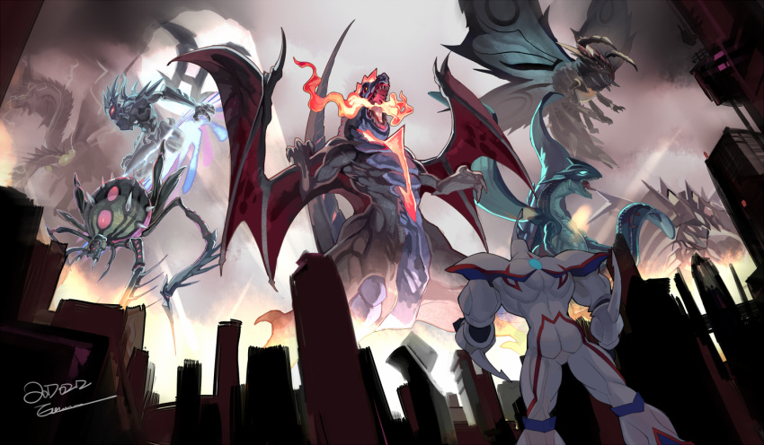 1boy, breathing_fire, bug, city, dogoran_the_mad_flame_kaiju, dragon, duel_monster, e_volution, elemental_hero_neos, fire, gadarla_the_mystery_dust_kaiju, gameciel_the_sea_turtle_kaiju, giant_spider, jizukiru_the_star_destroying_kaiju, kaijuu, kumongous_the_sticky_string_kaiju, monster, moth, muscular, radian_the_multidimensional_kaiju, searchlight, signal, signature, sky, spider, thunder_king_the_lightningstrike_kaiju, wings, yu-gi-oh!