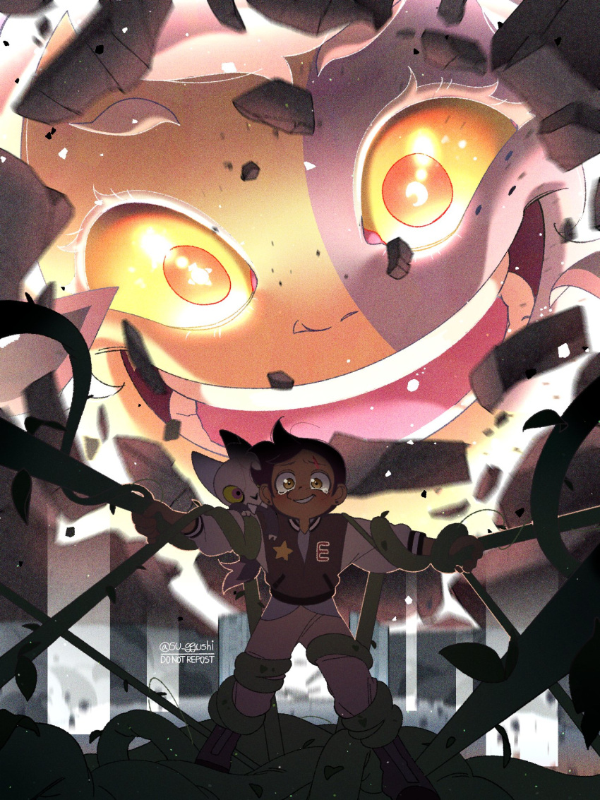 1girl, 2boys, boots, brown_eyes, dark-skinned_female, dark_skin, destruction, evil_smile, eyebrow_cut, highres, horns, jacket, king_clawthorne, letterman_jacket, looking_at_viewer, luz_noceda, multiple_boys, plant, scar, scar_on_face, smile, spoilers, su_ggushi, symbol-shaped_pupils, tears, the_collector_(the_owl_house), the_owl_house, vines, yellow_eyes