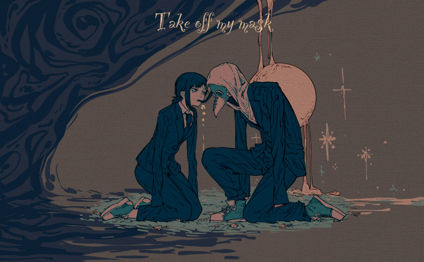 1boy, 1girl, armless, bangs, beak, black_hair, black_jacket, black_necktie
