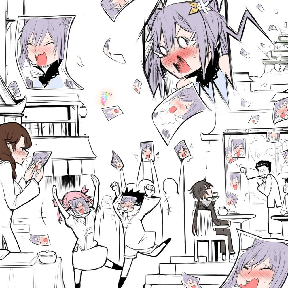 0_0, 3girls, 4boys, black_hair, blush, comedy, genshin_impact, keqing_(genshin_impact)