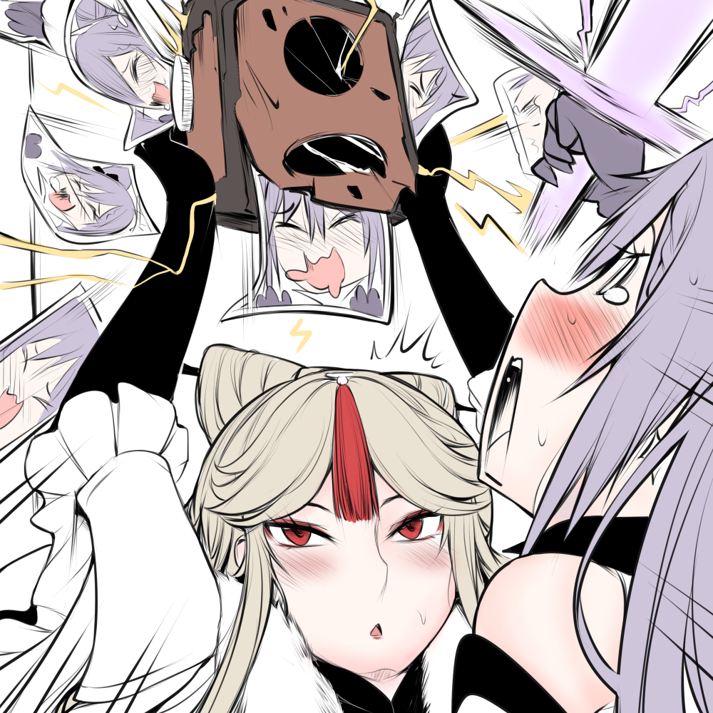 2girls, :o, blush, camera, comedy, genshin_impact, holding, holding_camera