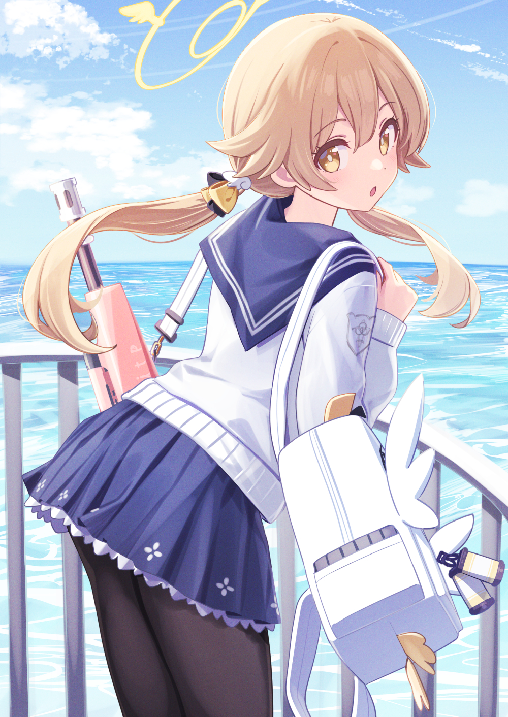 1girl, assault_rifle, bag, bangs, blue_archive, blue_sailor_collar, bullpup, clouds