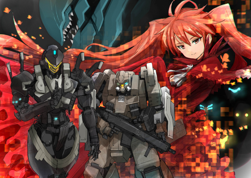 alice_(buster_dress), ascot, blaze_master, bone_master_(buster_dress), buster_dress, capelet, dress, glowing, glowing_eye, gun, hair_behind_ear, highres, holding, holding_gun, holding_weapon, long_hair, mecha, night_crawler_(buster_dress), official_art, one-eyed, open_mouth, red_capelet, red_dress, red_eyes, redhead, sadamatsu_ryuuichi, science_fiction, sharp_teeth, smile, teeth, twintails, visor, weapon, white_ascot