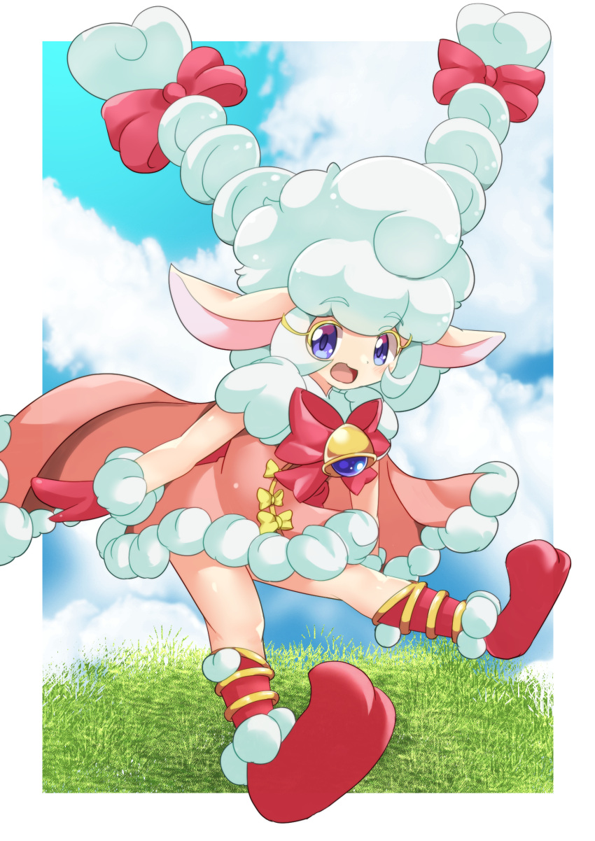 1girl, animal_ears, dress, duel_monster, ear_ribbon, eyebrows_visible_through_hair, fluffy, fur_trim, gloves, hair_ribbon, highres, looking_at_viewer, magical_girl, magical_sheep_girl_meeeg_chan, na_gara, open_mouth, pink_dress, red_footwear, red_gloves, ribbon, sheep, sheep_ears, sheep_girl, smile, violet_eyes, white_hair, yu-gi-oh!, yu-gi-oh!_go_rush!!
