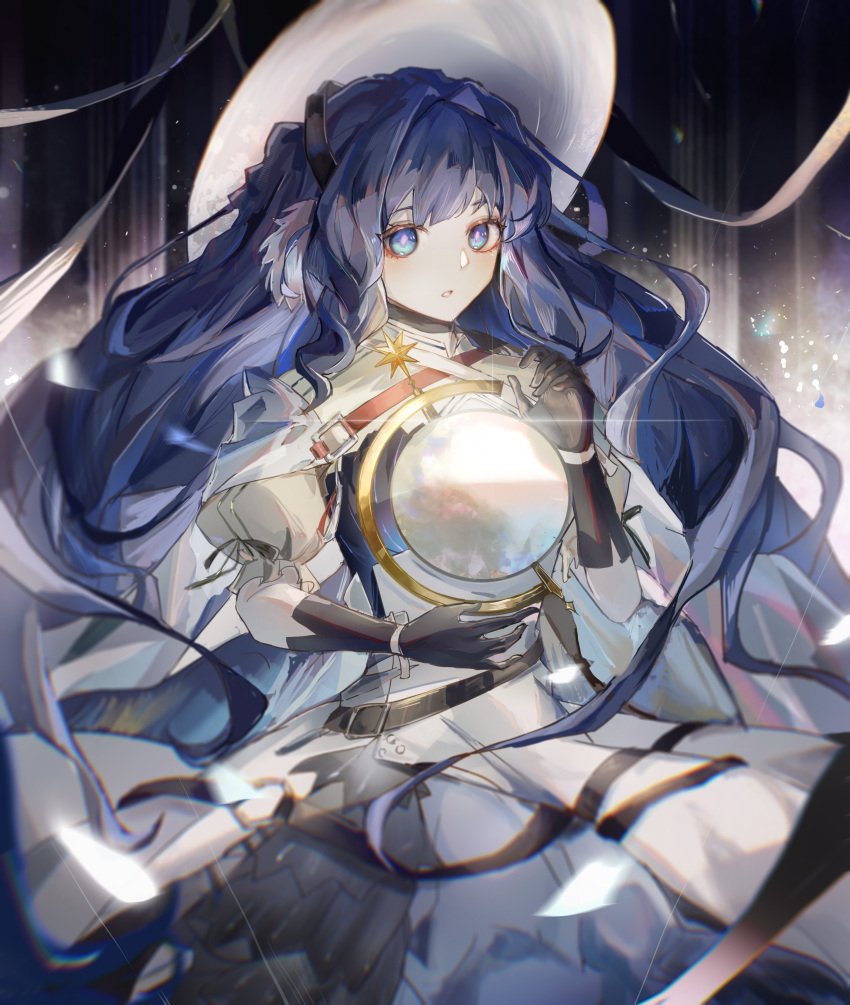 1girl, absurdres, animal_ears, arknights, astesia_(arknights), astesia_(starseeker)_(arknights), astrolabe, belt, belt_buckle, bird_ears, black_belt, black_gloves, black_hairband, blue_eyes, blue_hair, blush, buckle, commentary, cowboy_shot, diamond-shaped_pupils, diamond_(shape), dress, eyebrows_behind_hair, gloves, hairband, hat, highres, long_hair, looking_at_viewer, nininisama, parted_lips, puffy_short_sleeves, puffy_sleeves, ribbon, short_sleeves, solo, symbol-shaped_pupils, very_long_hair, white_dress, white_headwear, white_ribbon