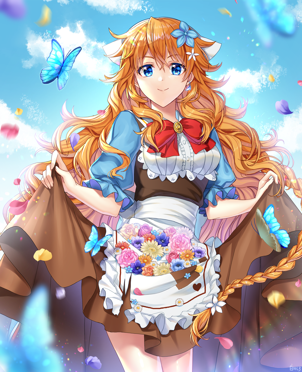 1girl, apron, bangs, blue_eyes, blue_flower, bow, bug, butterfly