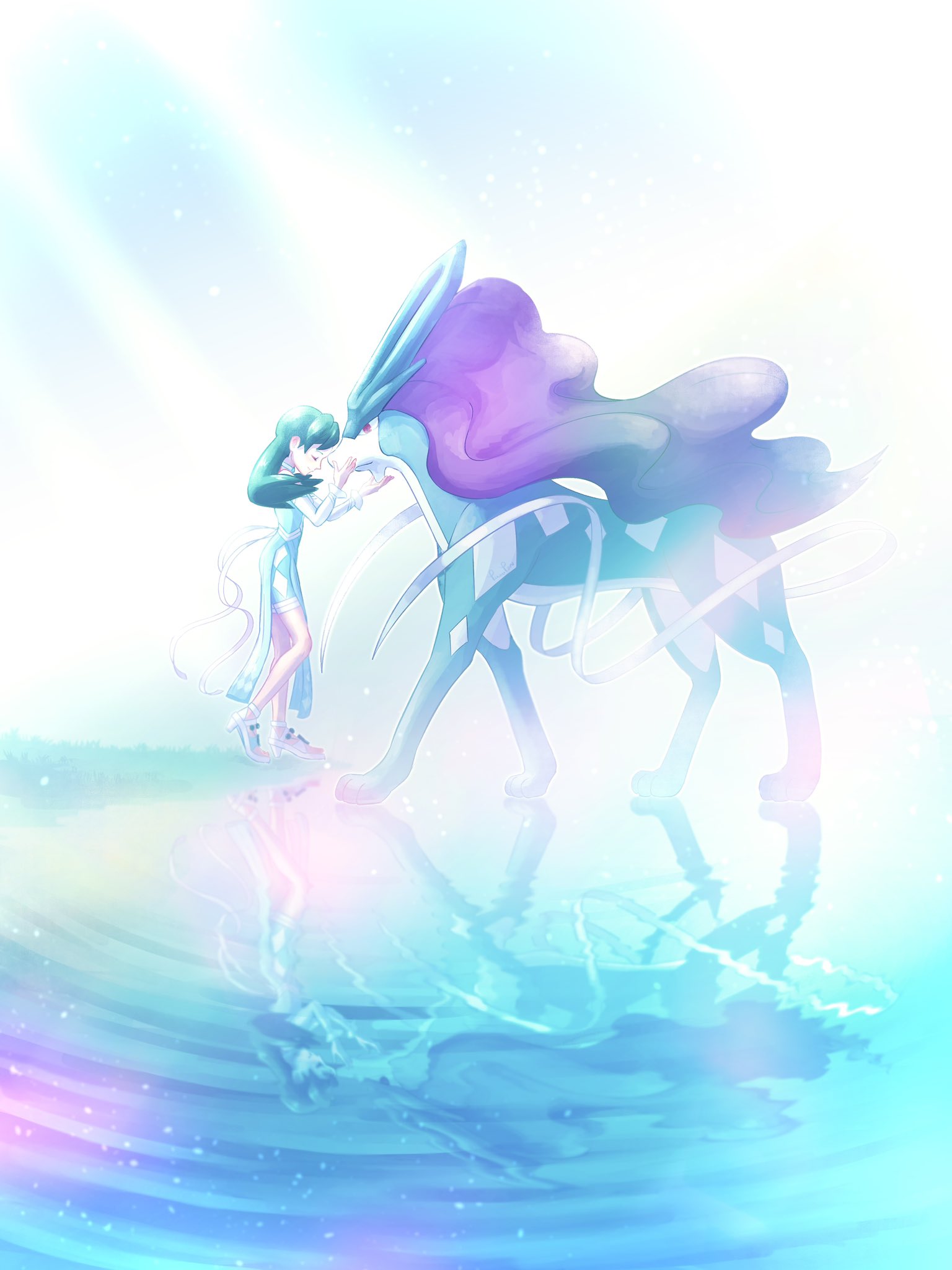 1girl, aqua_dress, aqua_hair, closed_eyes, dress, facing_another, fog, halter_dress