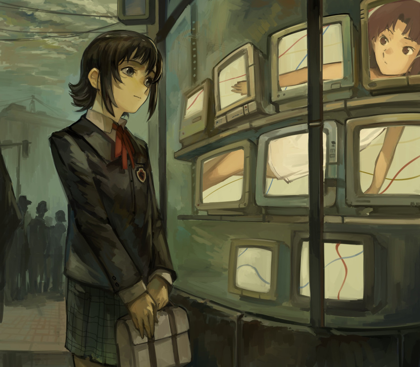 2girls, absurdres, asymmetrical_hair, bangs, black_hair, brown_hair, cable, camisole