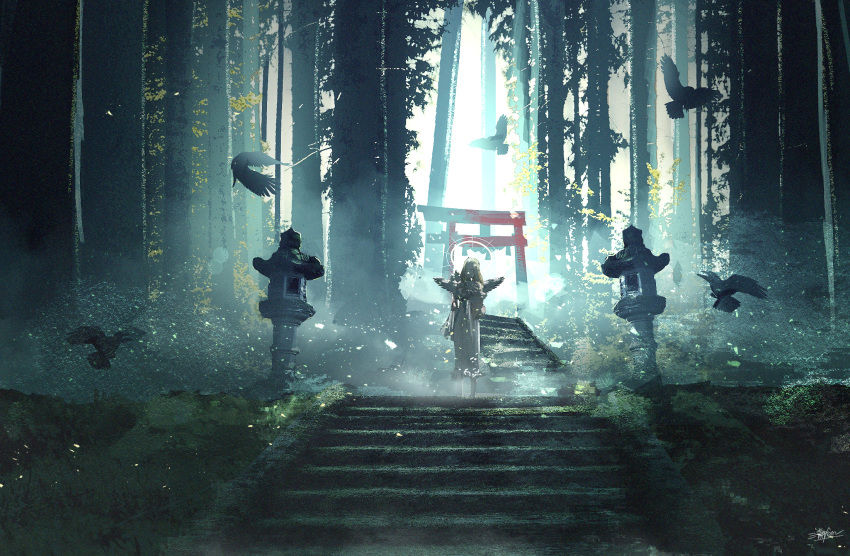 1girl, angel_wings, backlighting, bird, blonde_hair, commentary_request, dress, fantasy