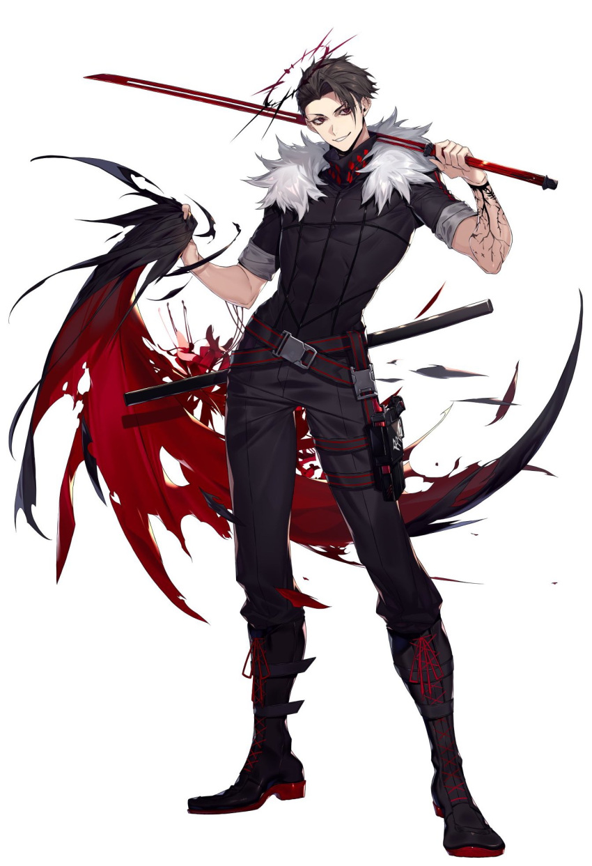 1boy, arm_tattoo, belt, brown_hair, contrapposto, dark_halo, flower, fur_trim, grey_background, gun, halo, handgun, highres, hoe-l, holding, holding_clothes, holding_sword, holding_weapon, holster, holstered_weapon, indie_virtual_youtuber, male_focus, over_shoulder, parted_lips, red_flower, rpr, scabbard, sheath, simple_background, sleeves_rolled_up, slit_pupils, smile, solo, spider_lily, sword, sword_over_shoulder, tattoo, torn, torn_clothes, unsheathed, violet_eyes, virtual_youtuber, weapon, weapon_over_shoulder