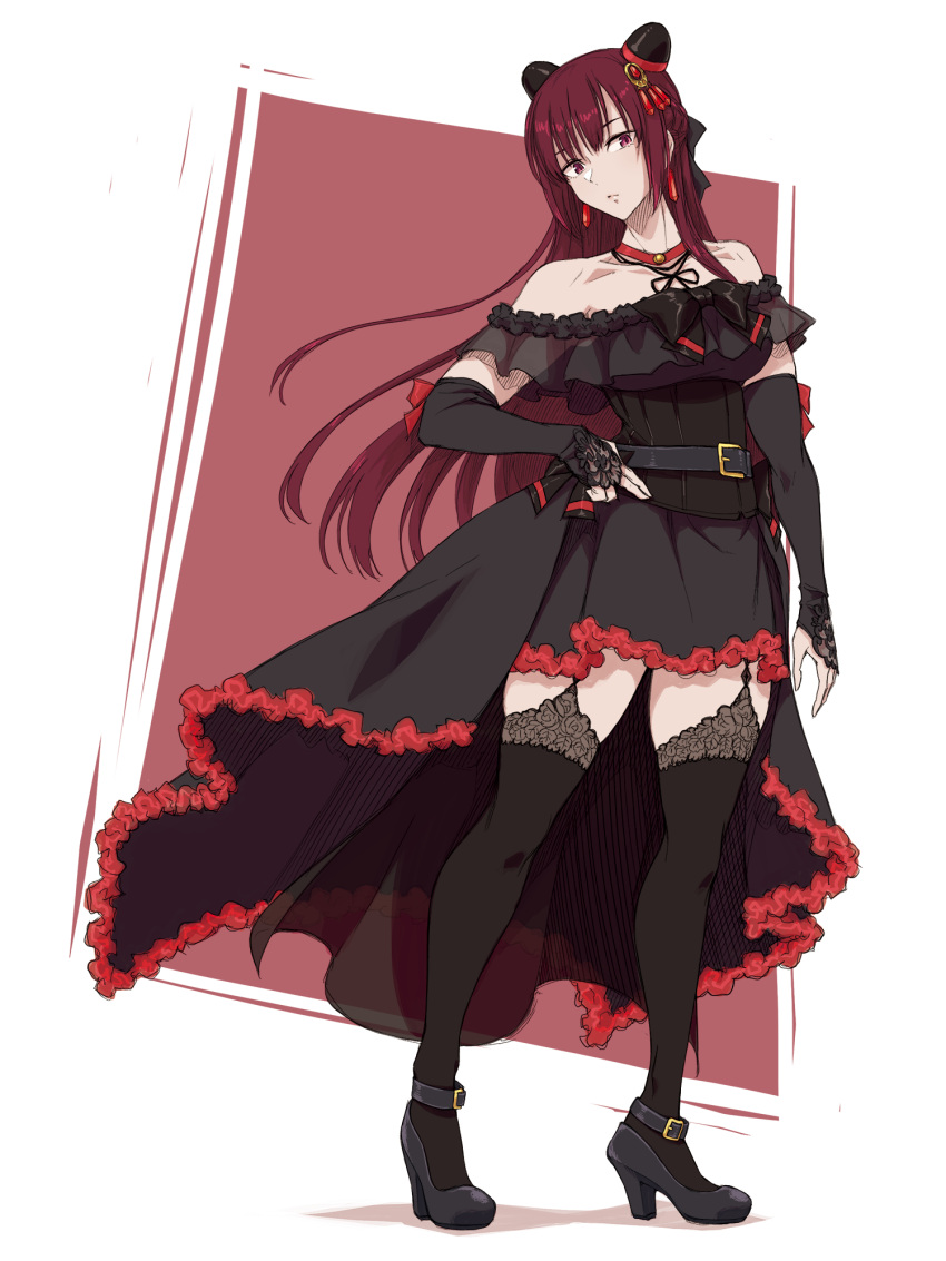 1girl, ankle_strap, arm_at_side, assault_lily, bangs, bare_shoulders, black_bow, black_dress