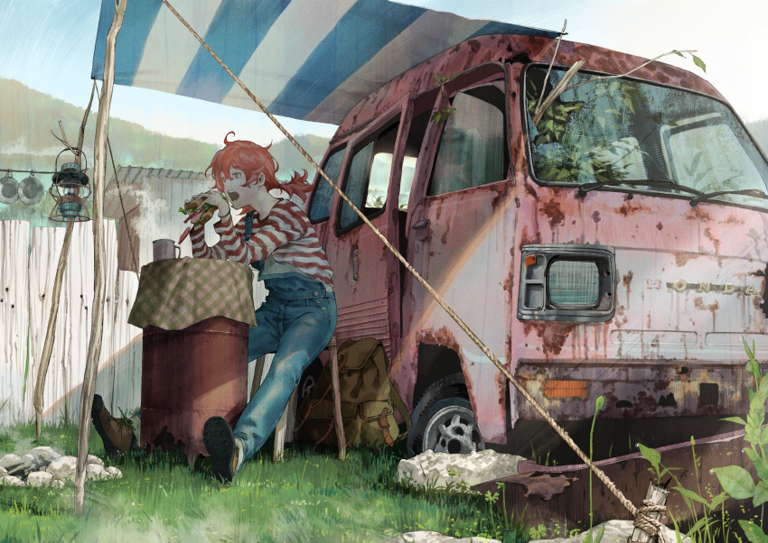 1girl, absurdres, backpack, bag, blue_overalls, branch, brown_footwear, camping