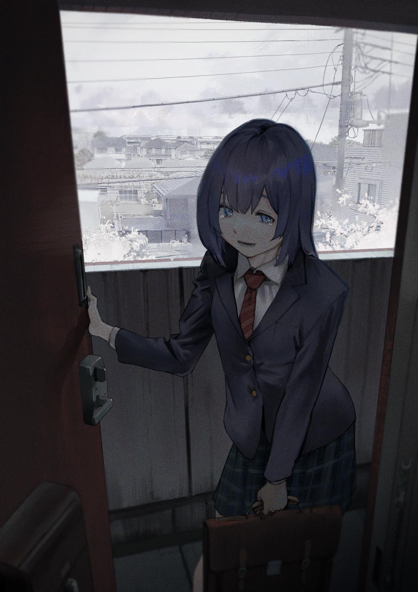 1girl, absurdres, bag, bangs, black_hair, black_jacket, blazer, blue_eyes