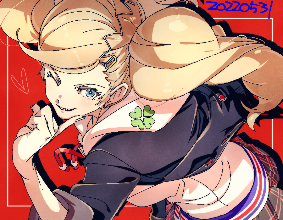 1girl, blonde_hair, blue_eyes, clover, dated, four-leaf_clover, grin, hair_ornament