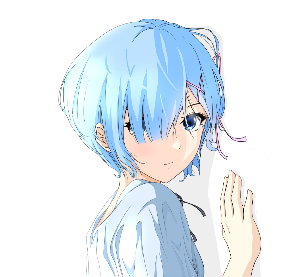 1girl, against_wall, bangs, blue_eyes, blue_hair, closed_mouth, from_side, hair_between_eyes, hair_ornament, hair_over_one_eye, hair_ribbon, hanaharupapa, looking_at_viewer, pink_ribbon, re:zero_kara_hajimeru_isekai_seikatsu, rem_(re:zero), ribbon, shirt, short_hair, simple_background, smile, solo, upper_body, white_background, white_shirt, x_hair_ornament