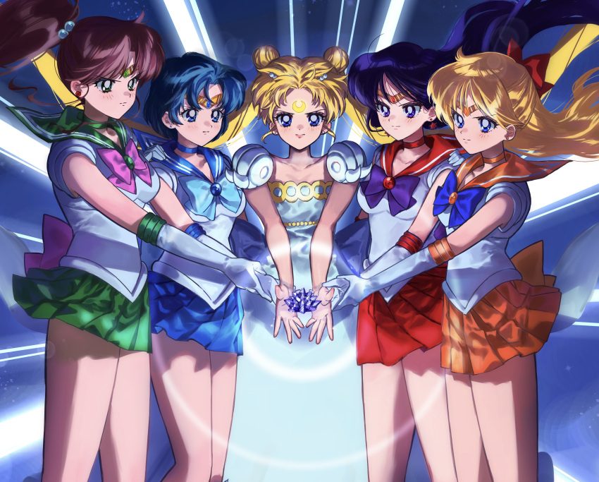5girls, absurdres, bangs, bare_legs, bishoujo_senshi_sailor_moon, blonde_hair, blue_bow, blue_bowtie