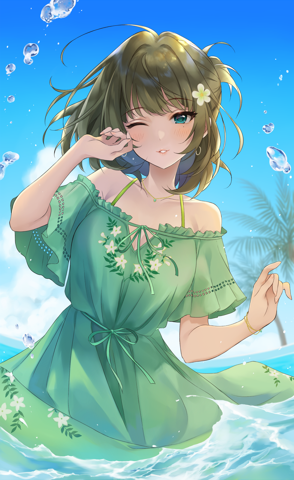 1girl, bangs, blue_sky, bracelet, brown_hair, clouds, collarbone, dress