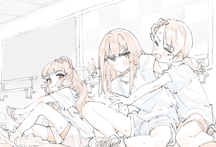 3girls, bangs, blush, bottle, braid, braided_bun, closed_eyes, dance_studio
