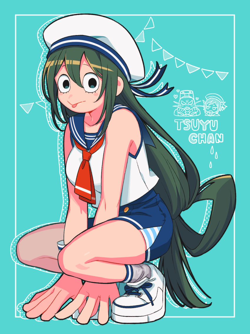 1girl, aqua_background, asui_tsuyu, black_eyes, blush, boku_no_hero_academia, collarbone, green_hair