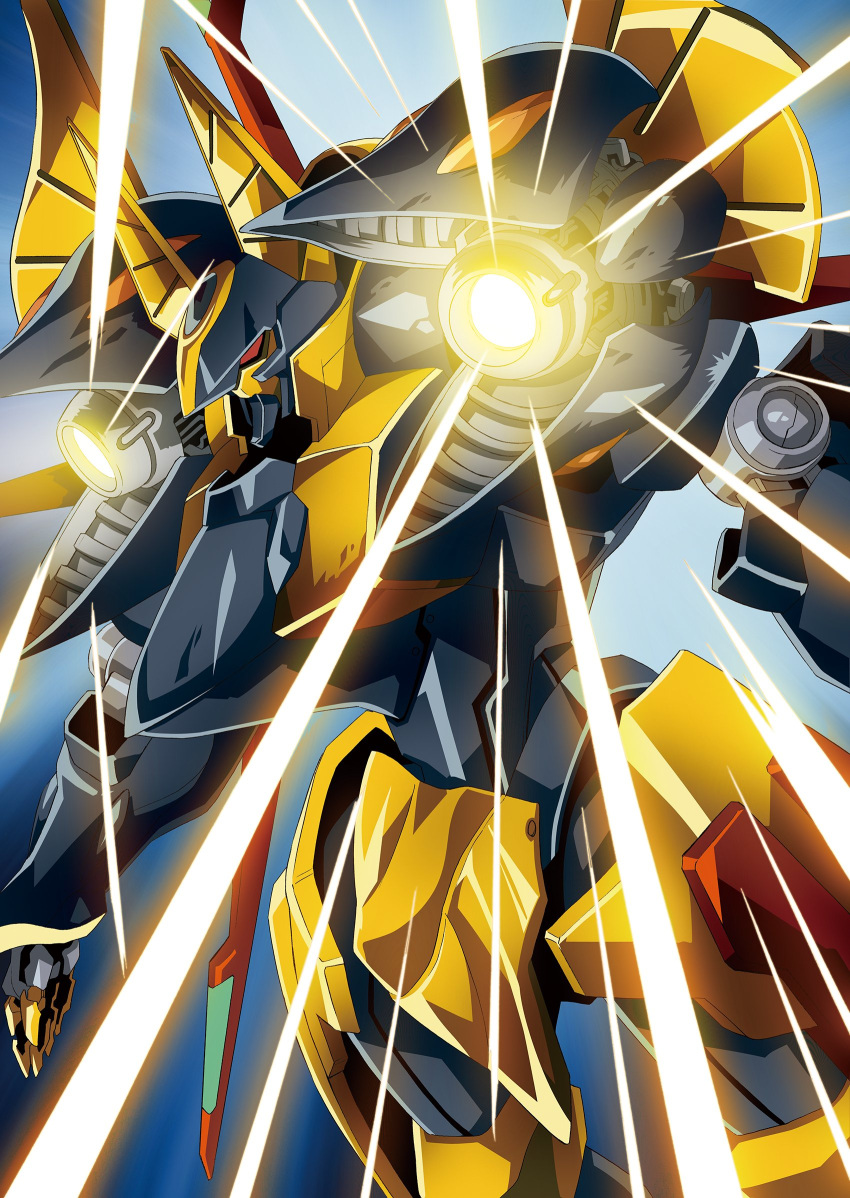 code_geass, fire, floating, from_below, gawain_(code_geass), glowing, glowing_eye, knightmare_frame