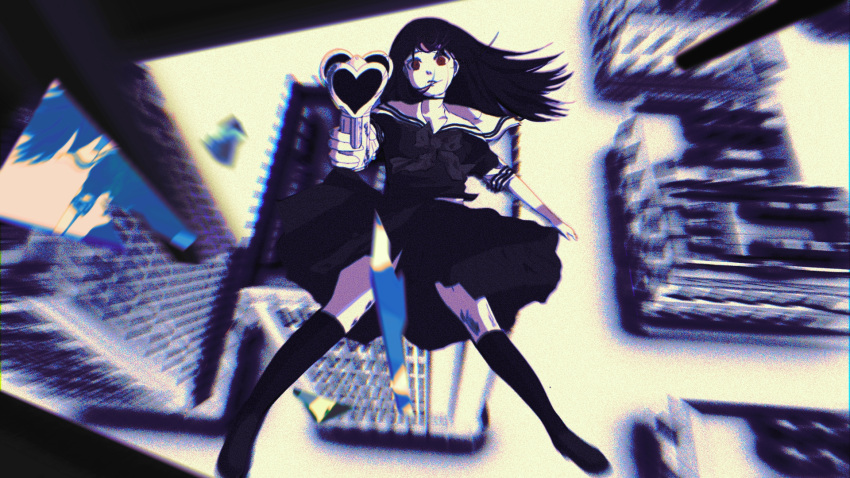 asagiri_aya, black_bow, black_serafuku, bow, broken_glass, broken_mirror, building, city