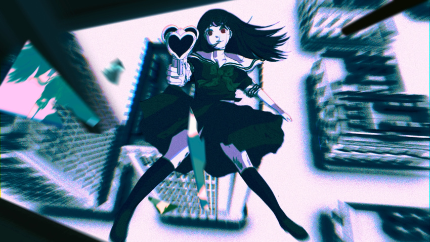 asagiri_aya, black_bow, black_serafuku, bow, broken_glass, broken_mirror, building, city