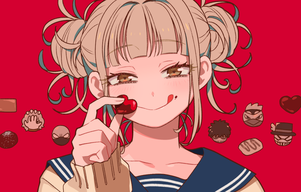 1girl, blonde_hair, blush, boku_no_hero_academia, candy, chocolate, chocolate_on_face, collarbone
