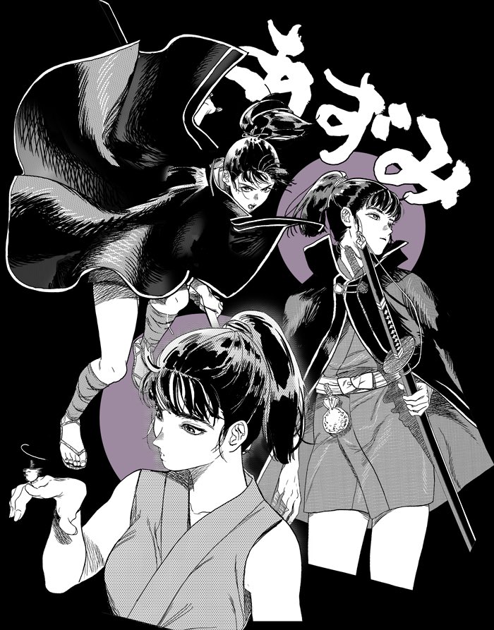 3girls, azumi_(azumi), azumi_(series), bangs, bare_shoulders, battle, cape, character_name, hand_up, japanese_clothes, katana, leg_wrap, looking_away, monochrome, multiple_girls, multiple_views, ponytail, pouch, qt1_jo, sandals, sword, weapon