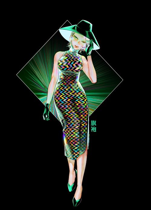 1girl, black_background, dress, gloves, green_eyes, hand_on_own_head, hat, head_tilt