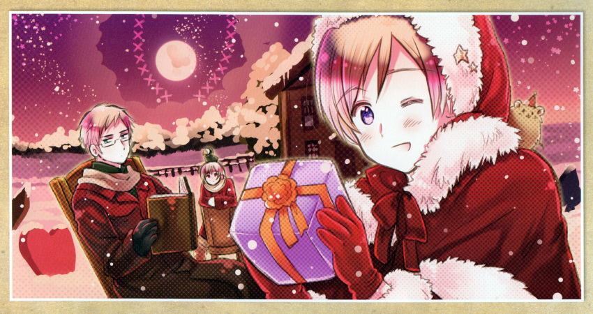 3boys, axis_powers_hetalia, bird, book, cabin, fence, finland_(hetalia), gift