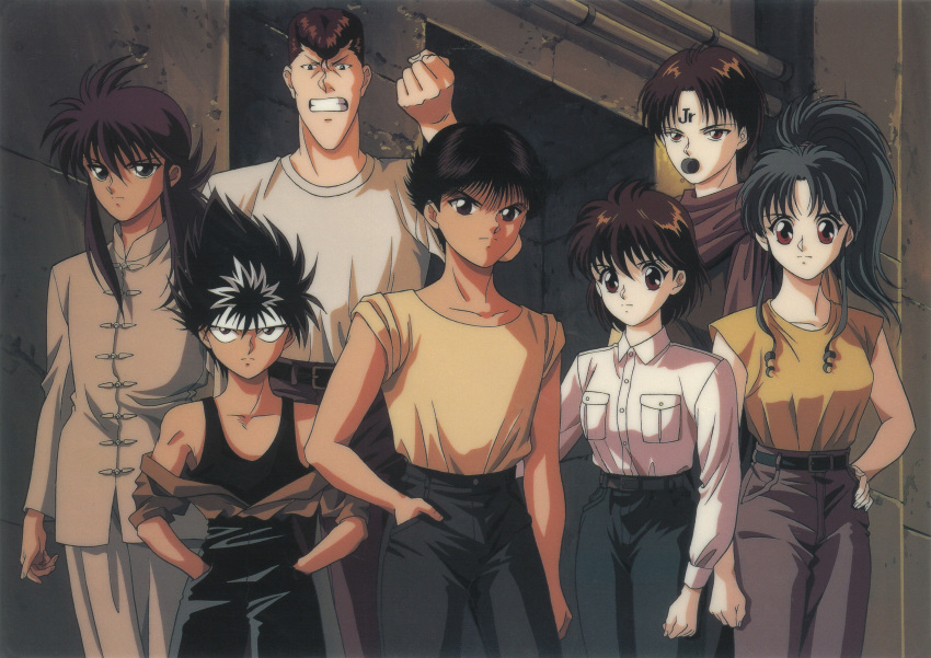 1990s_(style), 2girls, 5boys, bangs, black_eyes, botan_(yu_yu_hakusho), casual, chinese_clothes