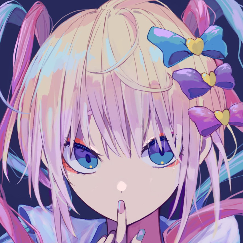 1girl, bangs, blonde_hair, blue_bow, blue_eyes, blue_hair, blue_nails, blue_sailor_collar, bow, chouzetsusaikawa_tenshi-chan, eyebrows_behind_hair, face, finger_to_mouth, gradient_hair, hair_bow, heart, long_bangs, multicolored_hair, multicolored_nails, multiple_hair_bows, needy_girl_overdose, ohmbrib, pink_bow, pink_hair, pink_nails, purple_bow, quad_tails, sailor_collar, solo