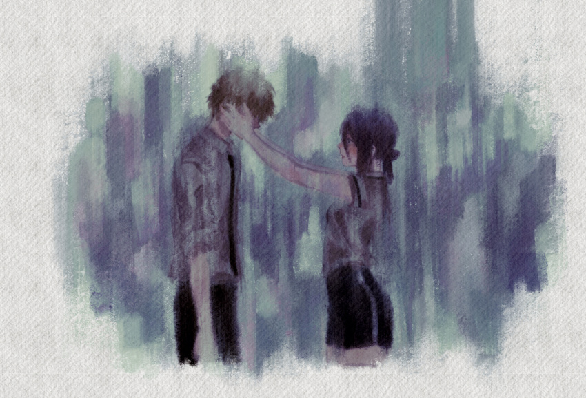 1boy, 1girl, bangs, black_hair, black_necktie, black_pants, black_shorts, breasts