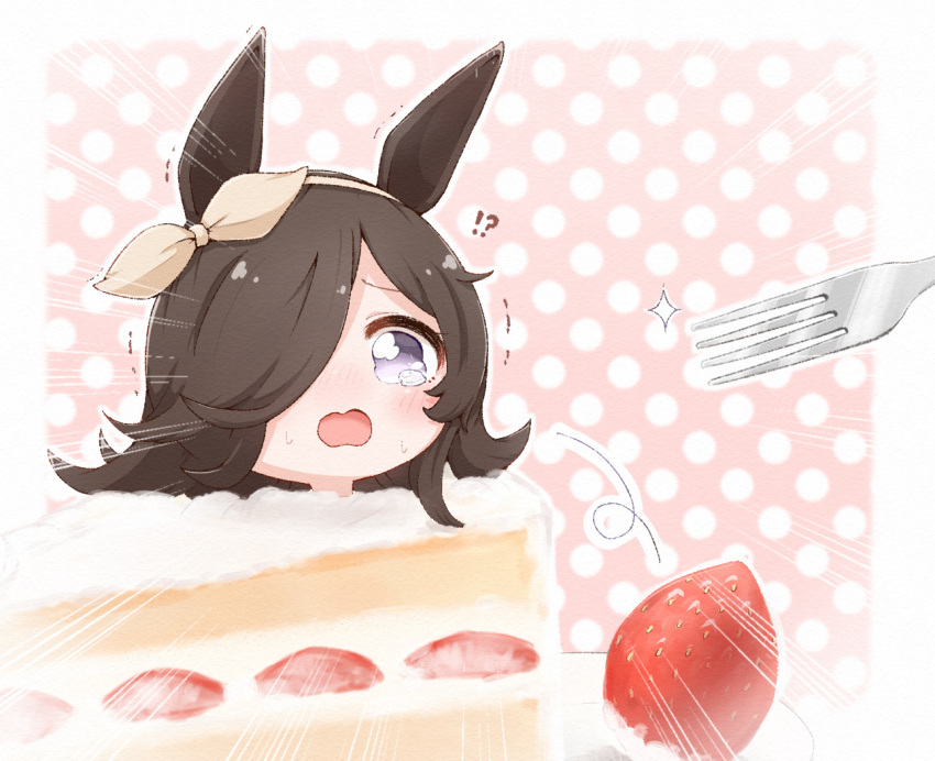 !?, 1girl, blush, brown_hair, chibi, emphasis_lines, food, fork