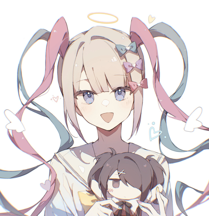 :d, absurdres, ame-chan_(needy_girl_overdose), angel_wings, blonde_hair, blue_eyes, blue_hair, blue_heart, character_doll, chouzetsusaikawa_tenshi-chan, eyebrows_visible_through_hair, eyes_visible_through_hair, gradient_hair, haiazami, halo, heart, highres, multicolored_hair, neck_ribbon, needy_girl_overdose, open_mouth, pink_hair, pink_heart, purple_hair, quad_tails, ribbon, sailor_collar, sailor_shirt, school_uniform, serafuku, shirt, smile, symbol-only_commentary, white_background, white_wings, wings, yellow_ribbon