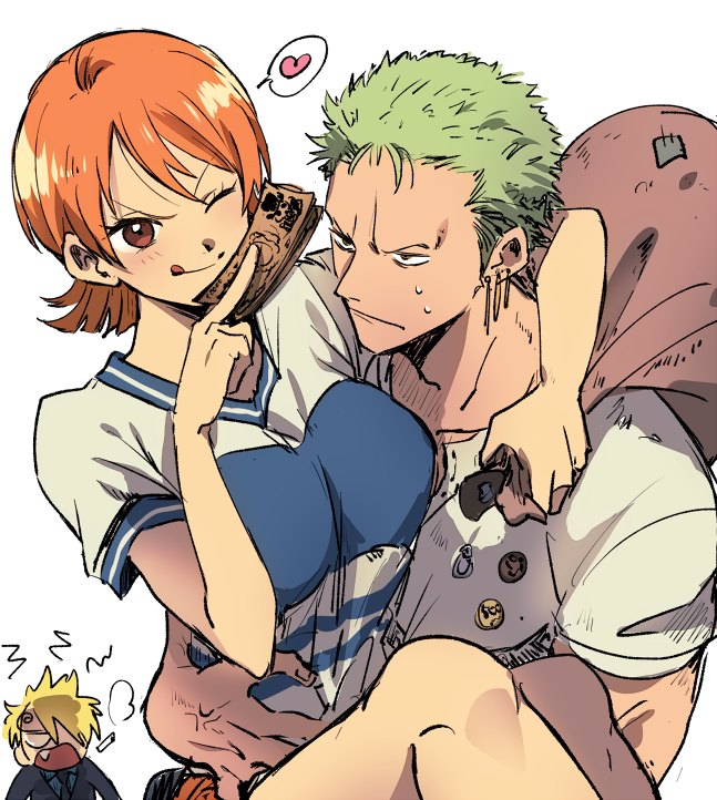 1girl, 2boys, :p, angry, bad_id, bad_twitter_id, bag, black_necktie, blonde_hair, breasts, carrying, chokota, earrings, formal, green_hair, heart, holding, holding_bag, holding_money, jewelry, large_breasts, money, multiple_boys, nami_(one_piece), necktie, one_piece, orange_eyes, orange_hair, princess_carry, roronoa_zoro, sanji, shirt, short_hair, suit, t-shirt, tongue, tongue_out, white_background