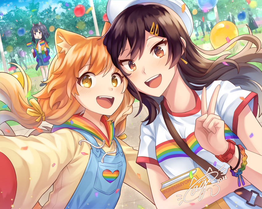 2boys, 6+girls, absurdres, animal_ear_fluff, animal_ears, balloon, black_hair, brown_eyes, brown_hair, cat_ears, cinnamyon, gay, hair_ornament, hairclip, highres, lgbt_pride, long_hair, multiple_boys, multiple_girls, orange_hair, original, pride_flag, queer, rainbow_flag, rainbow_print, selfie, signature, v, yellow_eyes, yuri