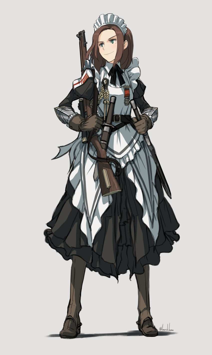 1girl, absurdres, apron, armor, asterisk_kome, boots, bow, brown_hair